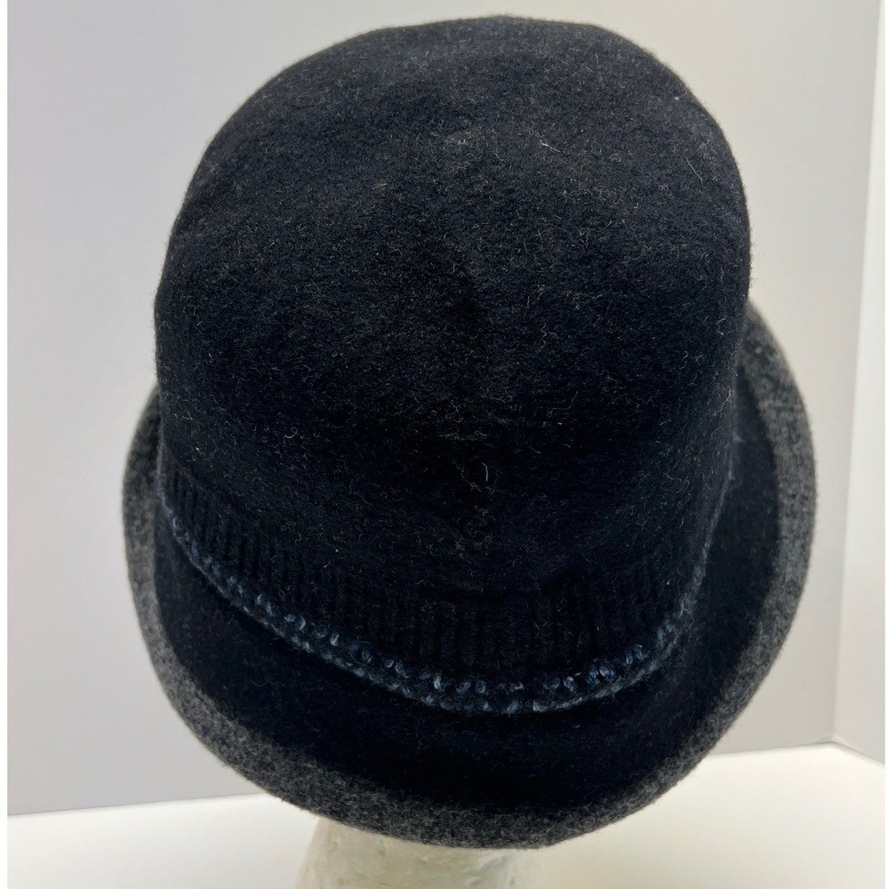 Black Wool Blend Bucket Hat Cloche With Grey Brim And Blue Stitching Adjustable - Picture 2 of 10